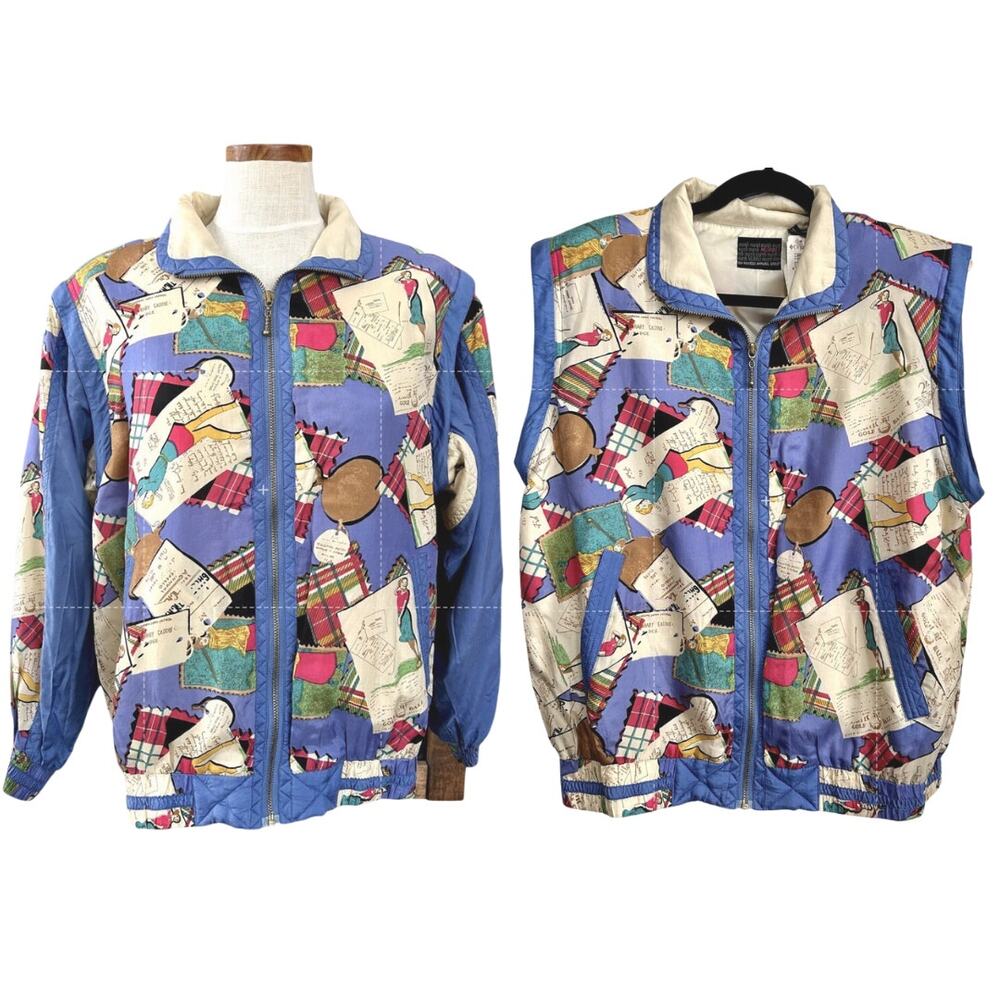 NWT 90s Silk Novelty Golf Print Convertible Jacket Vest Mureli Size S Maximalist
